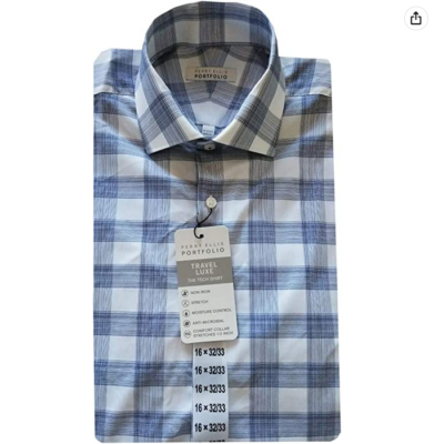 Perry Ellis Mens Travel Luxe Non Iron Tech Dress Shirt Navy WHITE 17 -  32/33 | eBay