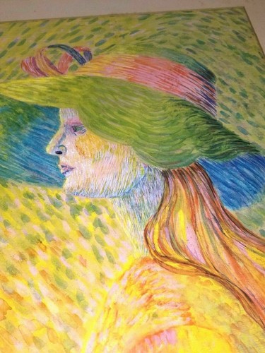 VINTAGE R. MEADOWS Painting Colorful IMPRESSIONIST Lady with Hat Watercolor - Picture 11 of 12