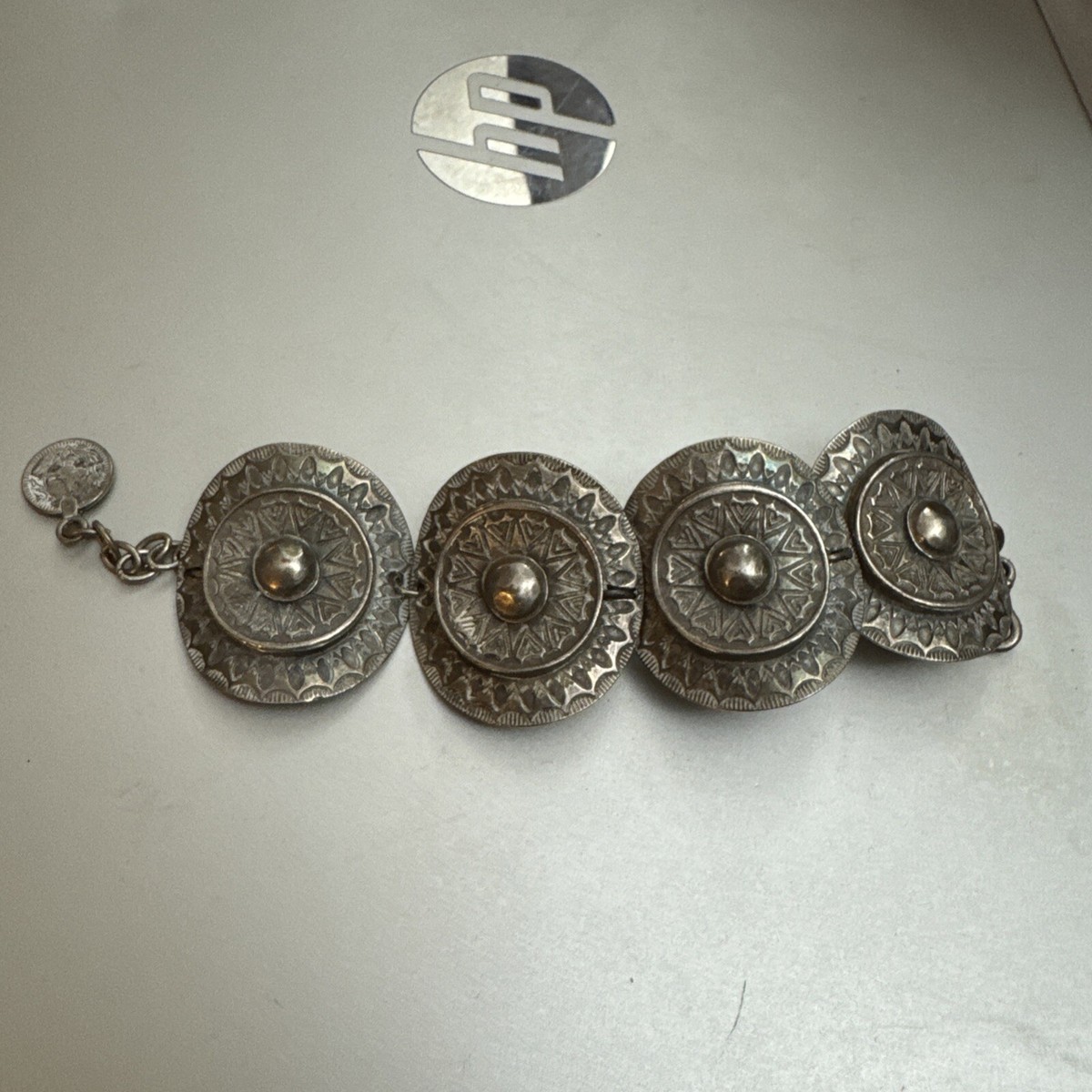 Sumavi Sun Shield Sunburst Medallion Link Pewter Bracelet Boho Middle Eastern