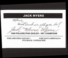 JACK MYERS PHILADELPHIA EAGLES  AUTHENTIC AUTOGRAPHED 3 X 5 CARD FOOTBALL NFL