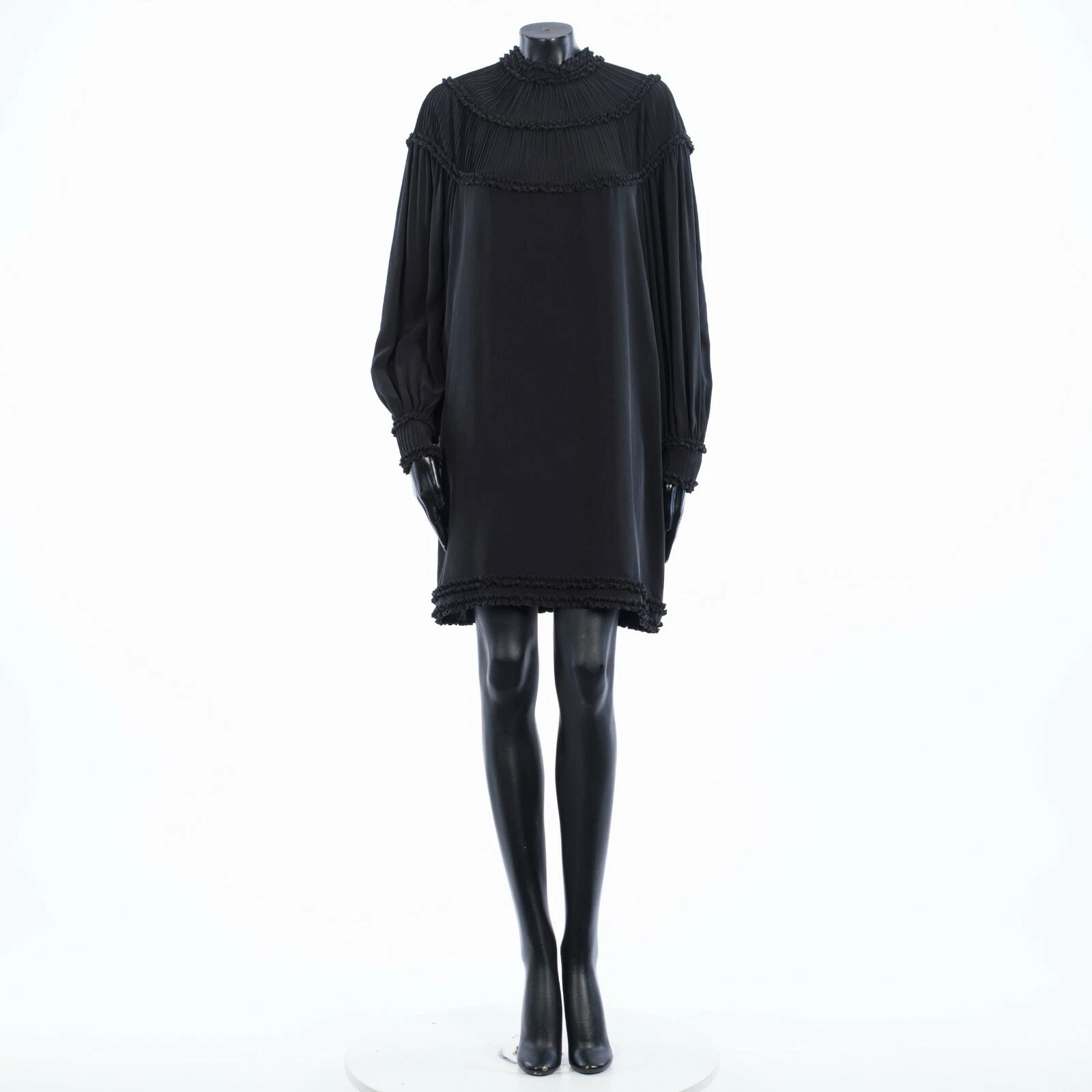 Fendi — FENDI 3380$ Silk Black Dress, Crepe De Chine Gathered & Ruffled Collar & Sleeves