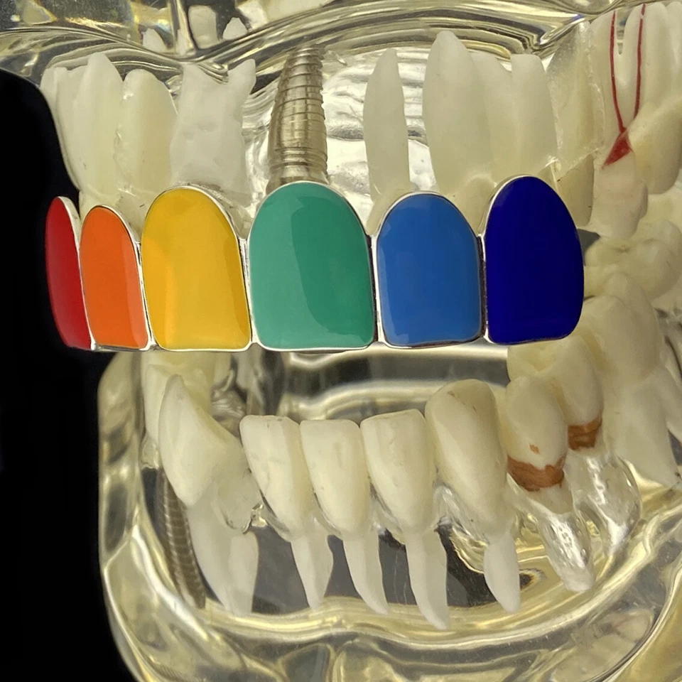Real 925 Sterling Silver Rainbow Color Grillz Enamel Rapper Grills Top 6 Teeth - Image 2 of 4