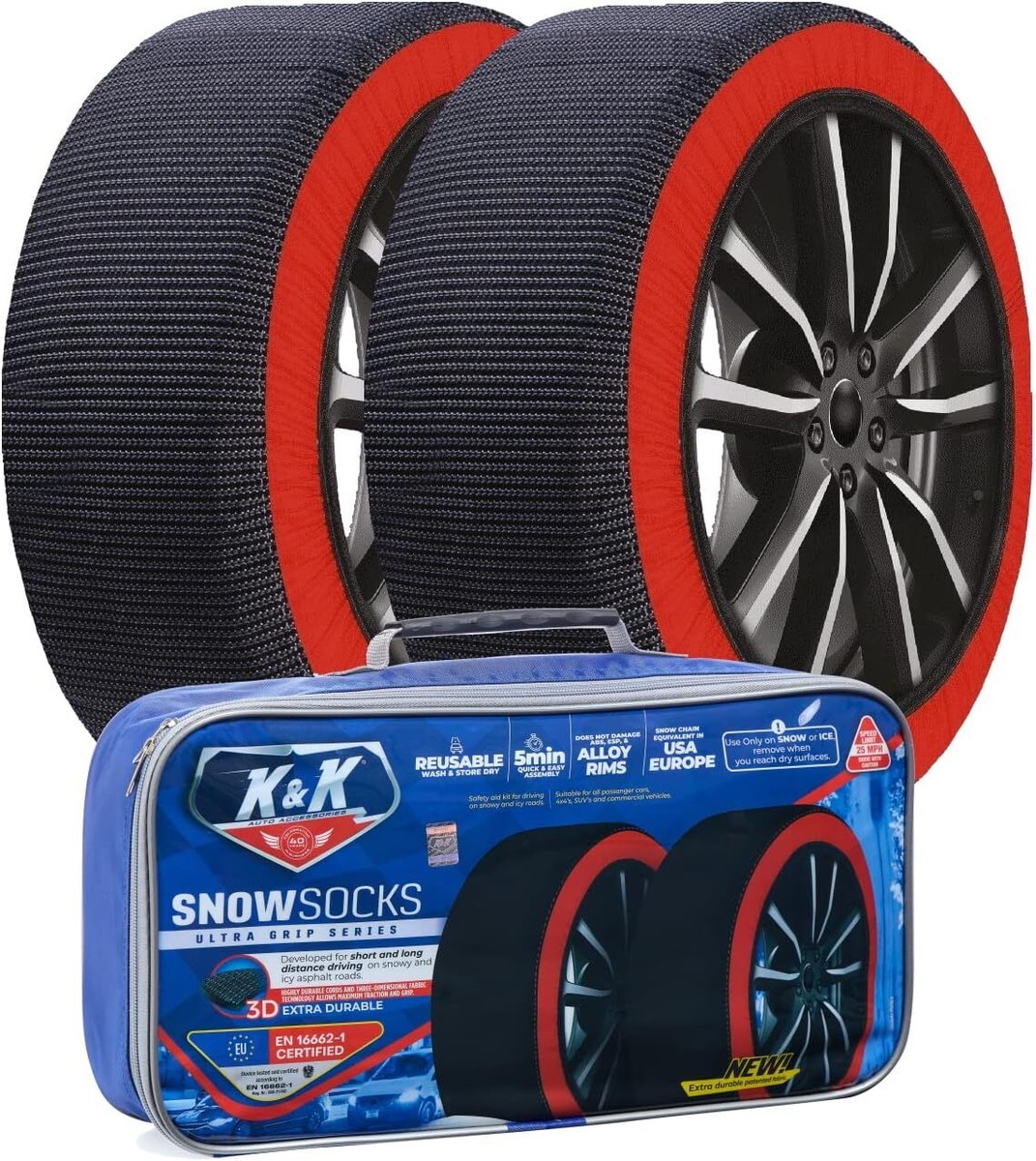 K&K Automotive Snow Socks for Tires - Pro Series for Ultimate Grip