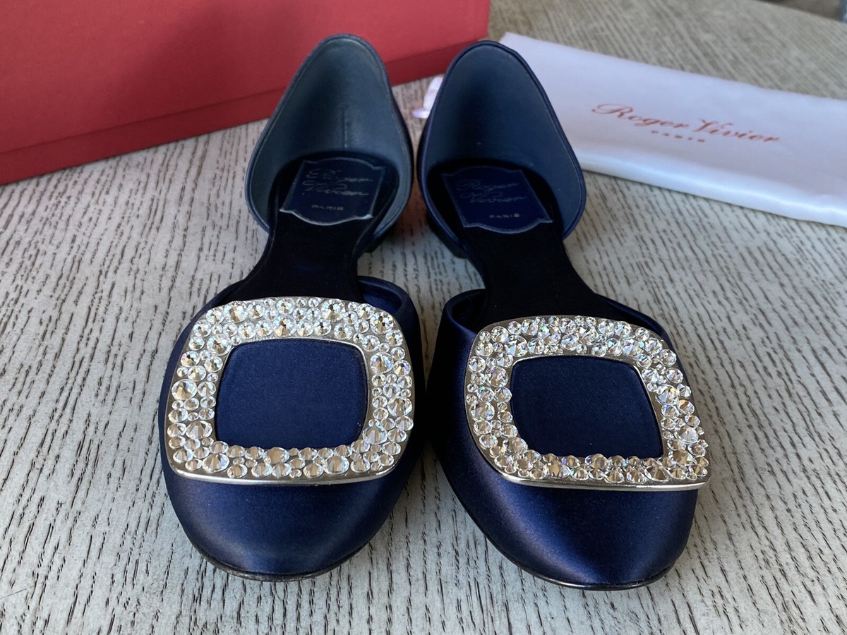 100%Auth Roger Vivier Blue Satin Swarovski Crystal Buckle