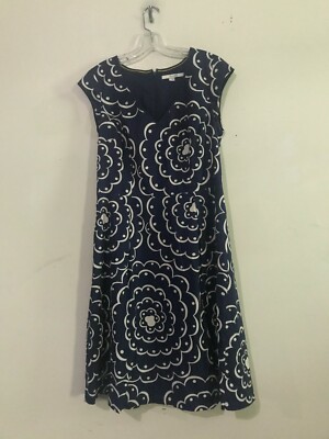 Boden Size 10L Floral Navy White Cap Sleeve Lined Dress Women Stylish 100%Cotton