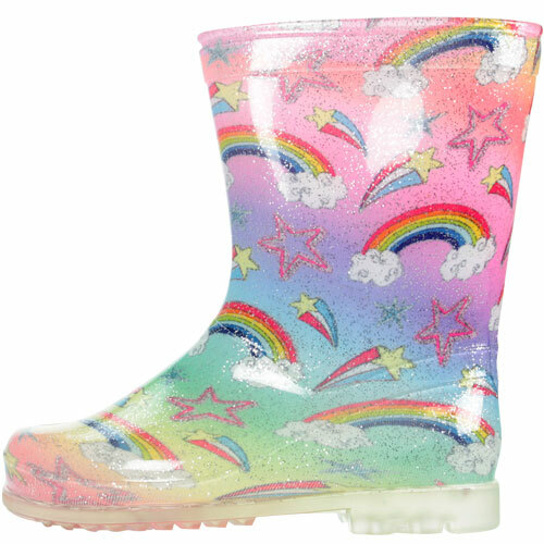 GIRLS RAINBOW MULTI GLITTER WELLIES WELLINGTON RAIN SNOW BOOTS