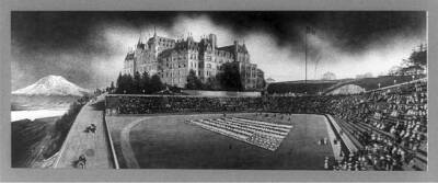 8'' x 10'' Photo High School,Stadium,American Flag,Mountains,People