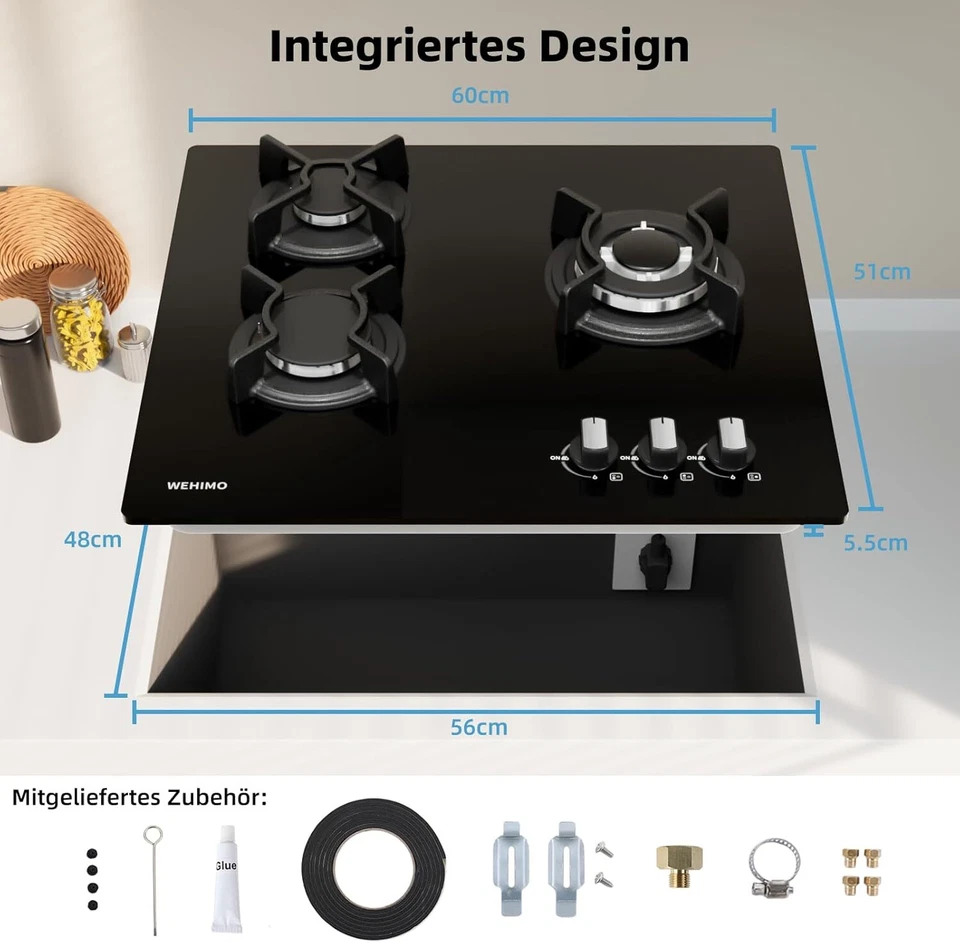 WEHIMO Gaskochfeld 60 cm 3 flammig Brenner 7750 W Gas Cooker Hob Kochplatte schwarz