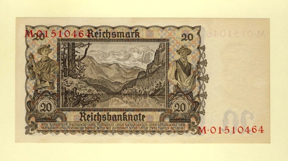 GERMANY, DEUTSCHLAND 20 REICHSMARK 1939 - 1945 P-185 UNC- REICH 2 CROSS SWASTIKA - Image 2 of 2
