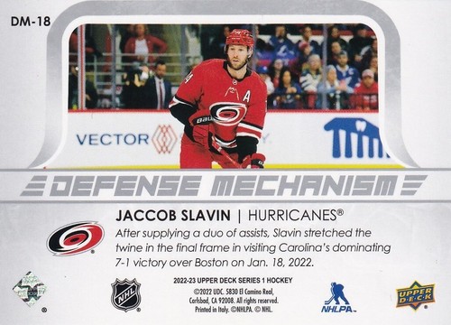 2022-23 UD Series 1 Jaccob Slavin Defense Mechanisms No. DM-18 Hurricanes - Picture 2 of 2
