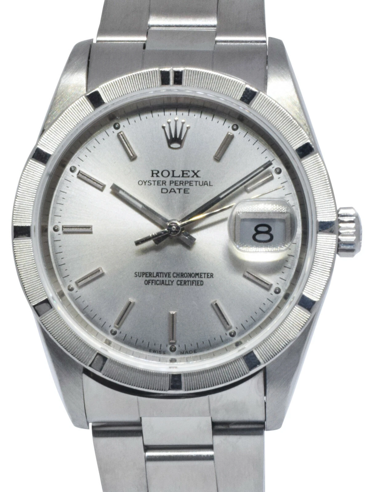 Rolex — Rolex Date Steel Silver Dial Engine Turned Bezel 34mm Watch D 15210