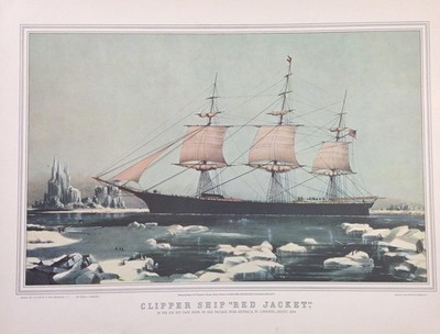 1952 Vintage Currier & Ives ''CLIPPER SHIP RED JACKET'' PENGUINS! COLOR Lithograph