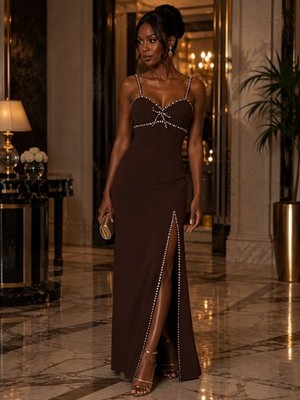 Women's Marchesa Notte Brown Maxi Dress with Rhinestone Detail, Size 4