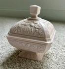 Vintage JEANETTE Shell Pink Milk Glass Covered Candy Dish Acorn & Leaf Pattern