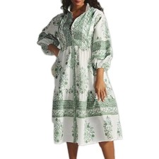New Sue Sartor Green White Flounce Dress Long Sleeve Midi Size L Anthropologie