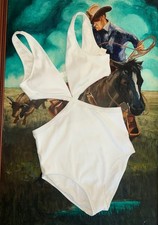 Aerie One Piece Swimsuit Ribbed Mix Crossover Cut Out white Medium Long NWT