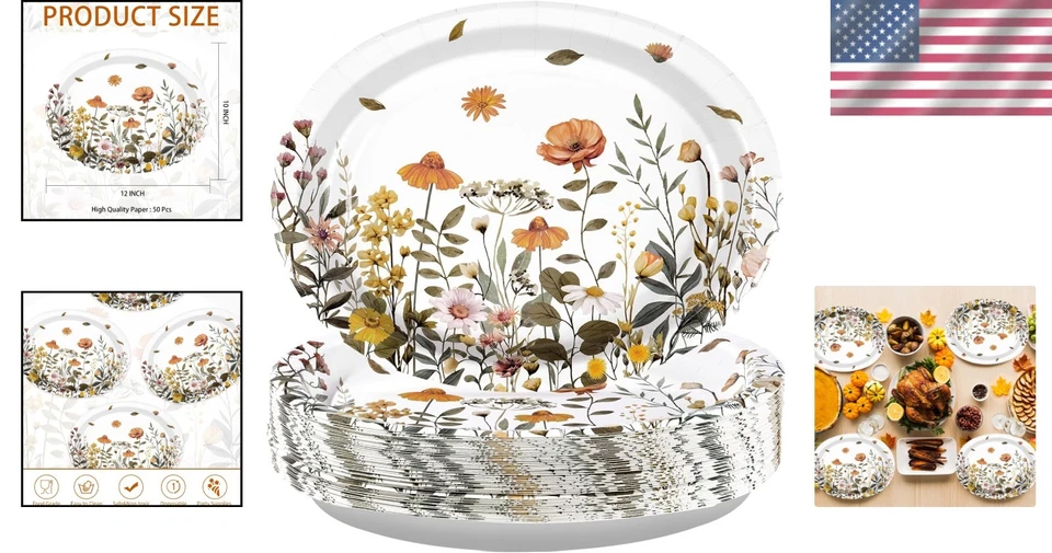 Charming 50 Pcs Oval Paper Plates 10" x 12" - Perfect for Autumn Celebrations - Image 2 of 4