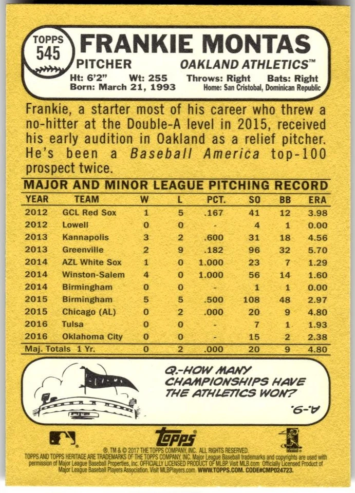 2017 Topps Heritage #545 Frankie Montas - Image 2 of 2