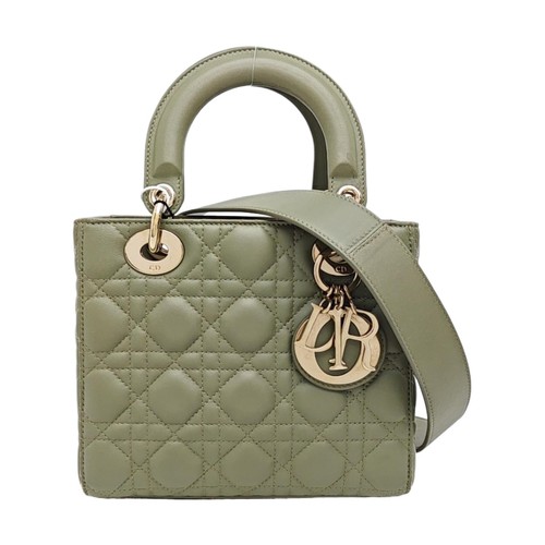 DIOR Lady Dior Small Green Lambskin Cannage Quilted Tote Shoulder Bag
