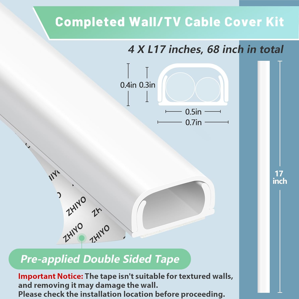 Cord Cover Raceway Kit 68in Wall Cable Concealer White Wire Hider for ...