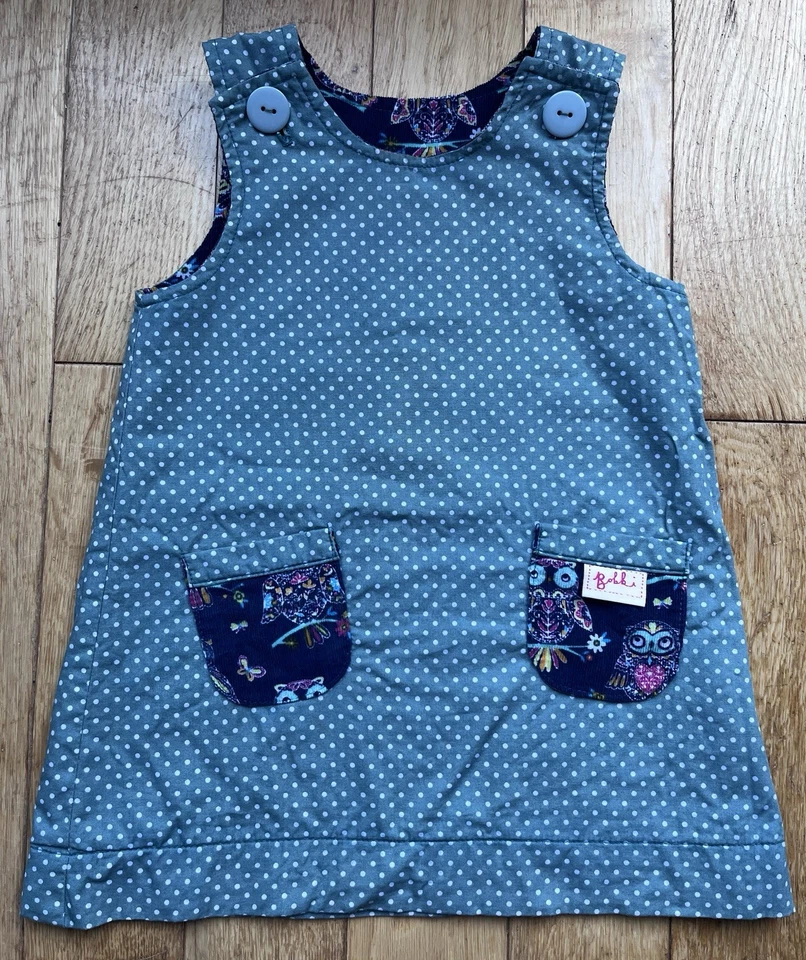 Bobbi Handmade Reversible Dress Courderoy Pinafore 2 Years Owls Polka Dot VGC - Image 4 of 4