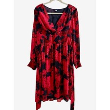 Tommy Hilfiger Women’s 12 Red Floral V-Neck Glitter Dot Self-Tie Midi Dress Work