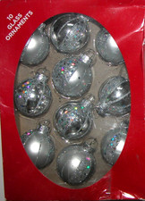 NEW NIP Round Christmas Ornament 10 Set Glass Silver Glitter