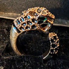 S925 Sterling Silver Panther Head Green Eye Pavé Crystal Cocktail Ring Sz 8
