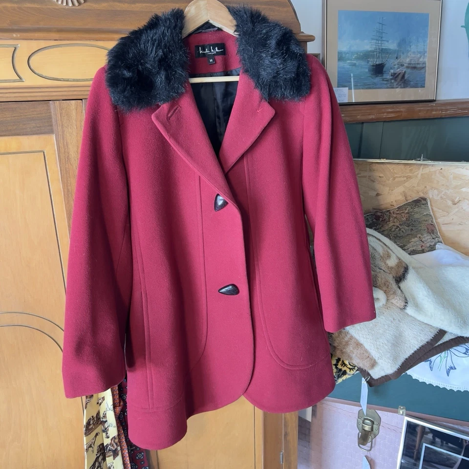 Abrigo Vintage Y2K Años 2000 Nicole Miller Lana Imitación Piel Rojo Negro Penny Lane Mediano Foto 2 de 4