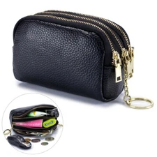 Coin Purse Change Wallet Pouch Leather Card Holder with Key Chain Zip(Black)