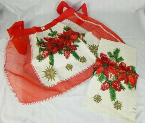 Grembiule natalizio NOS vintage Fallani & Cohn hostess set e asciugamano da tè in lino abbinato - Foto 1 di 5