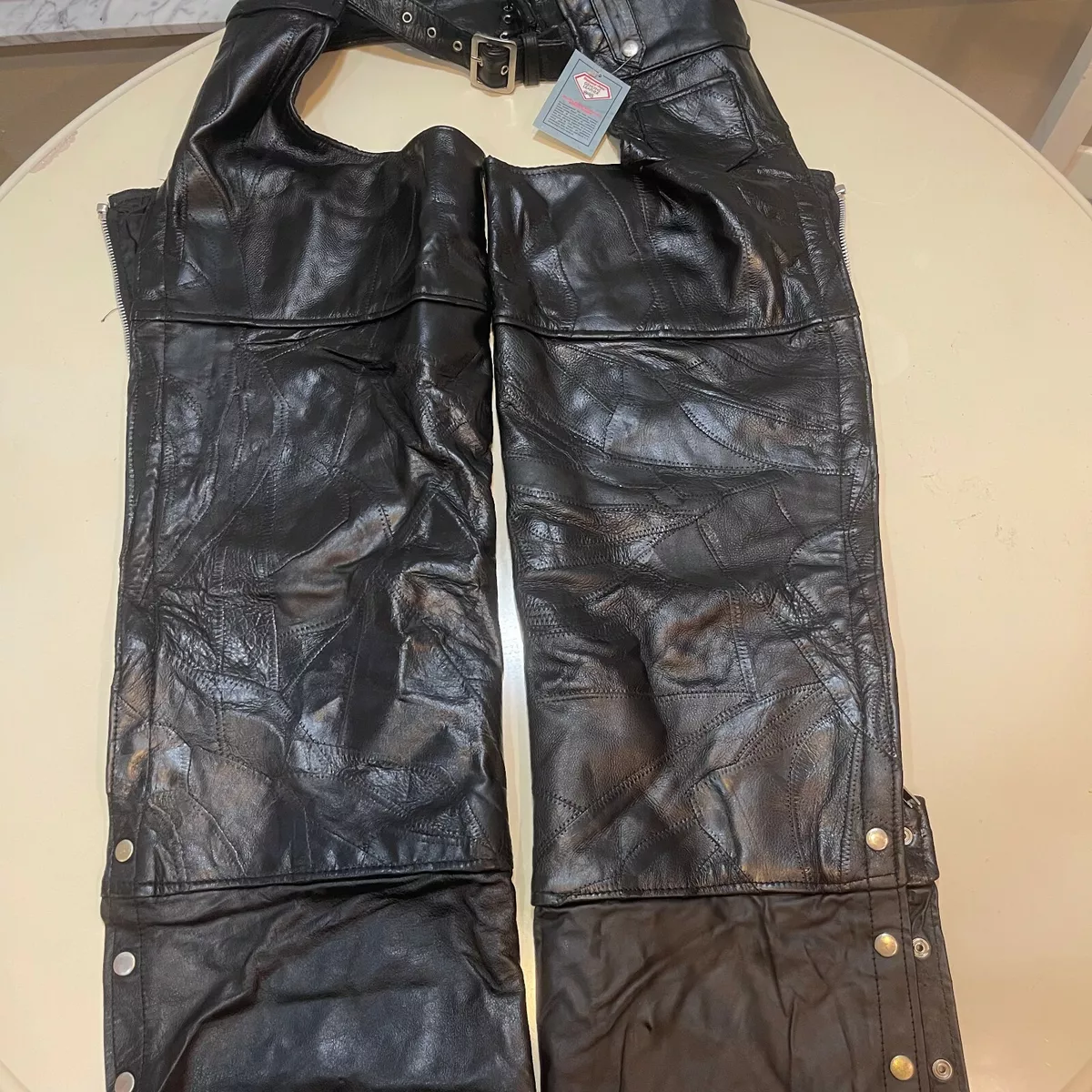 Diamond Plate Mens Black Buffalo Leather Full Biker Motorcycle Chaps Size Medium
