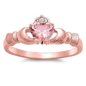 Authentic Claddagh Ring Rose Gold Plated Sterling Silver 925 Pink Champagn CZ Sizes 4- 12