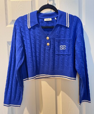 SANDRO NWOT Royal Blue Wool/Cashmere Cropped Cardigan W/ White Trim Size 2 (M/L)