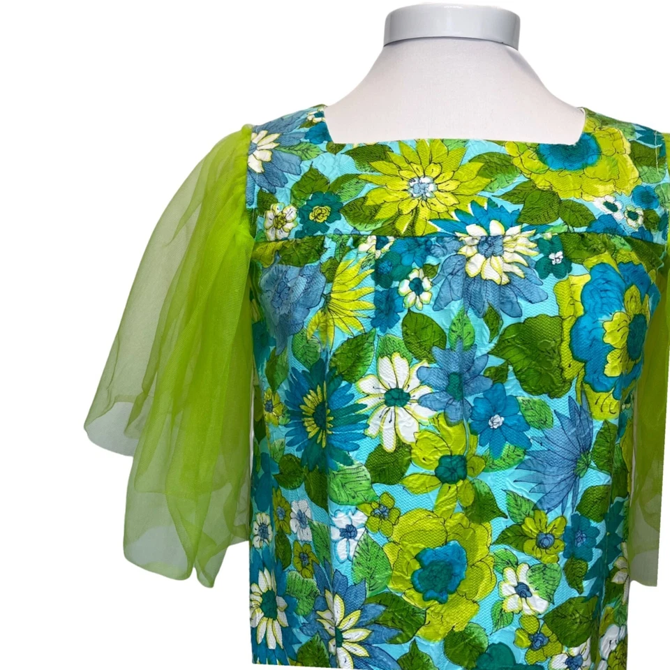 Maxi Vestido Mod Vintage Años 60 70 Cintura Imperio Tul Mangas de Red Hecho a Mano PEQUEÑO Foto 3 de 4