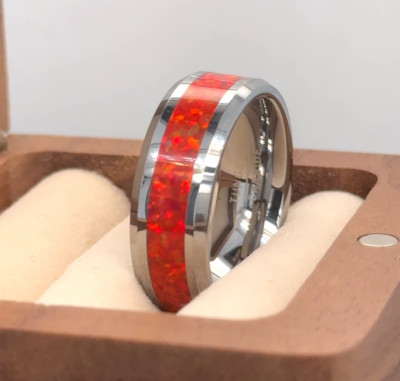 Red Fire Opal Inlay Modern Style Band Silver Domed Tungsten Ring Fiancé Ring