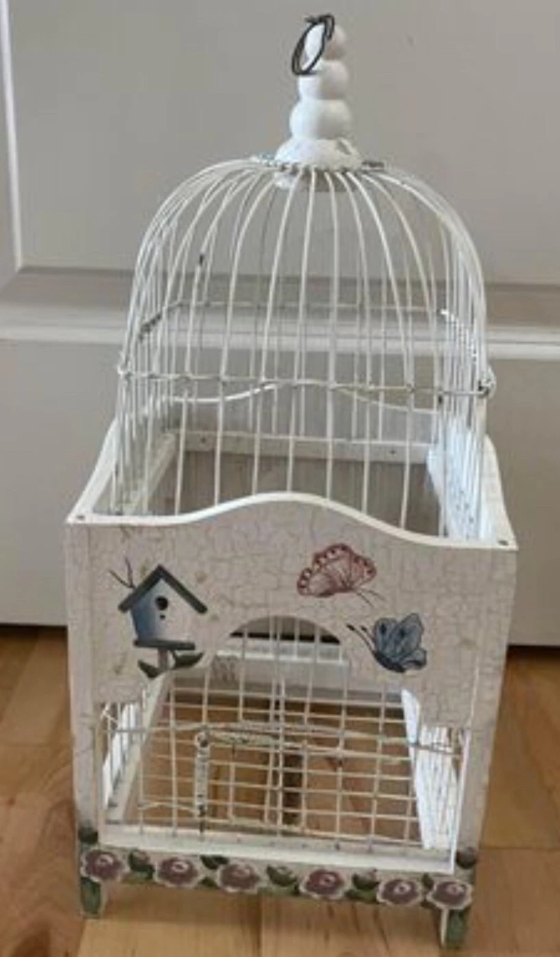 17 inch Vintage Victorian Dome Wood Wire Bird Cage Floral Hand Painted