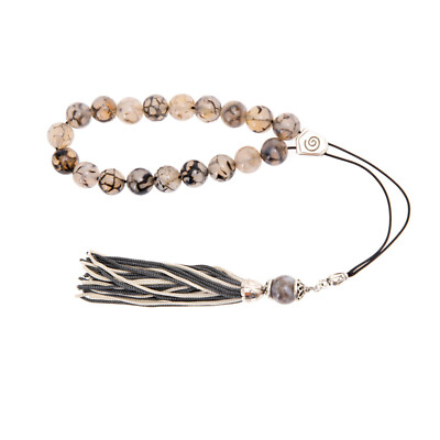 Greek Worry Beads or ''Komboloi'', Grey & Clear Agate Beads, Silk Cord & Tassel