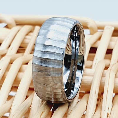 Tree Bark Texture Silver Tungsten Ring for Men   8mm Promise and Wedding Band