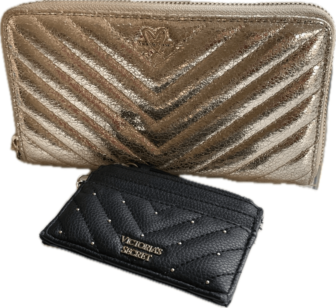 ピリ Victorias Secret Black Studded Card Case & Slim Zip Wallet Gold