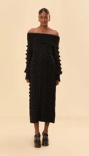 NWT $395 Farm Rio Black Braided Midi Sweater Dress