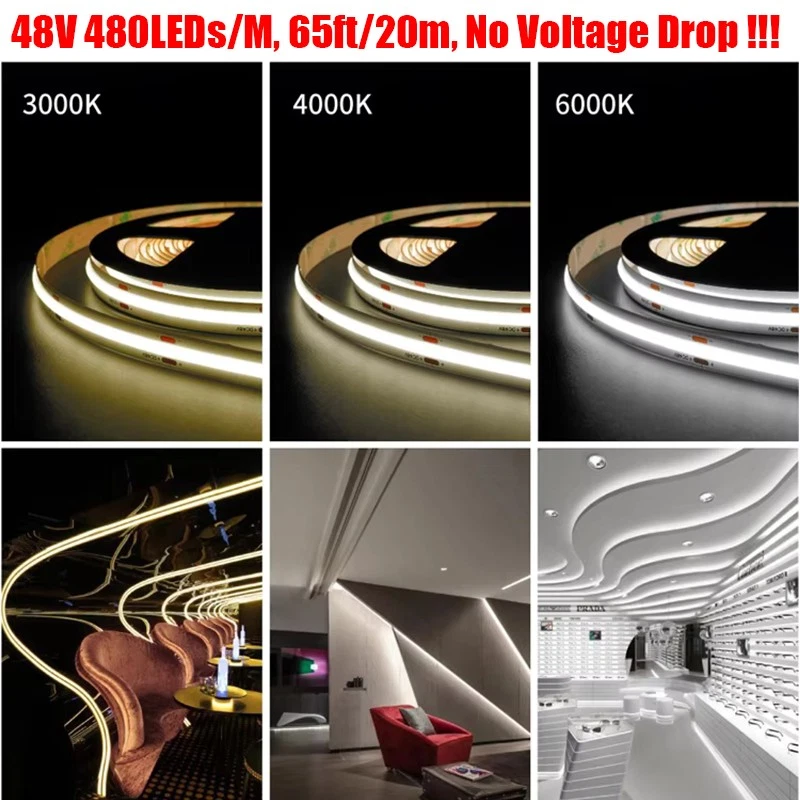65ft/20m 48V COB LED Strip Light 480LED/M LED Tape Room Ceiling Commercial Decor