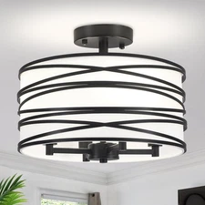 4-Light Semi Flush Mount Ceiling Light, Black Drum Chandelier with White Fabr...