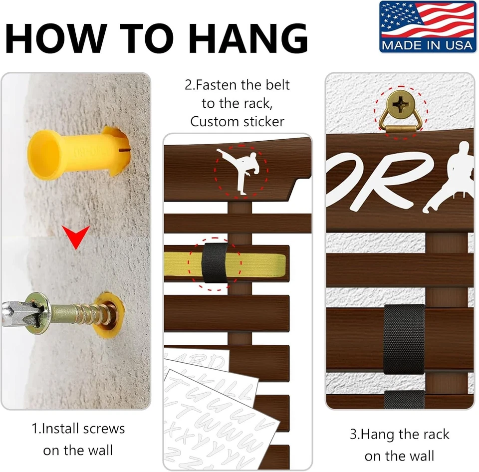 Estante de exhibición de cinturón de karate de 10 cinturones con pegatinas montado en la pared para cinturón de taekwondo Foto 4 de 4