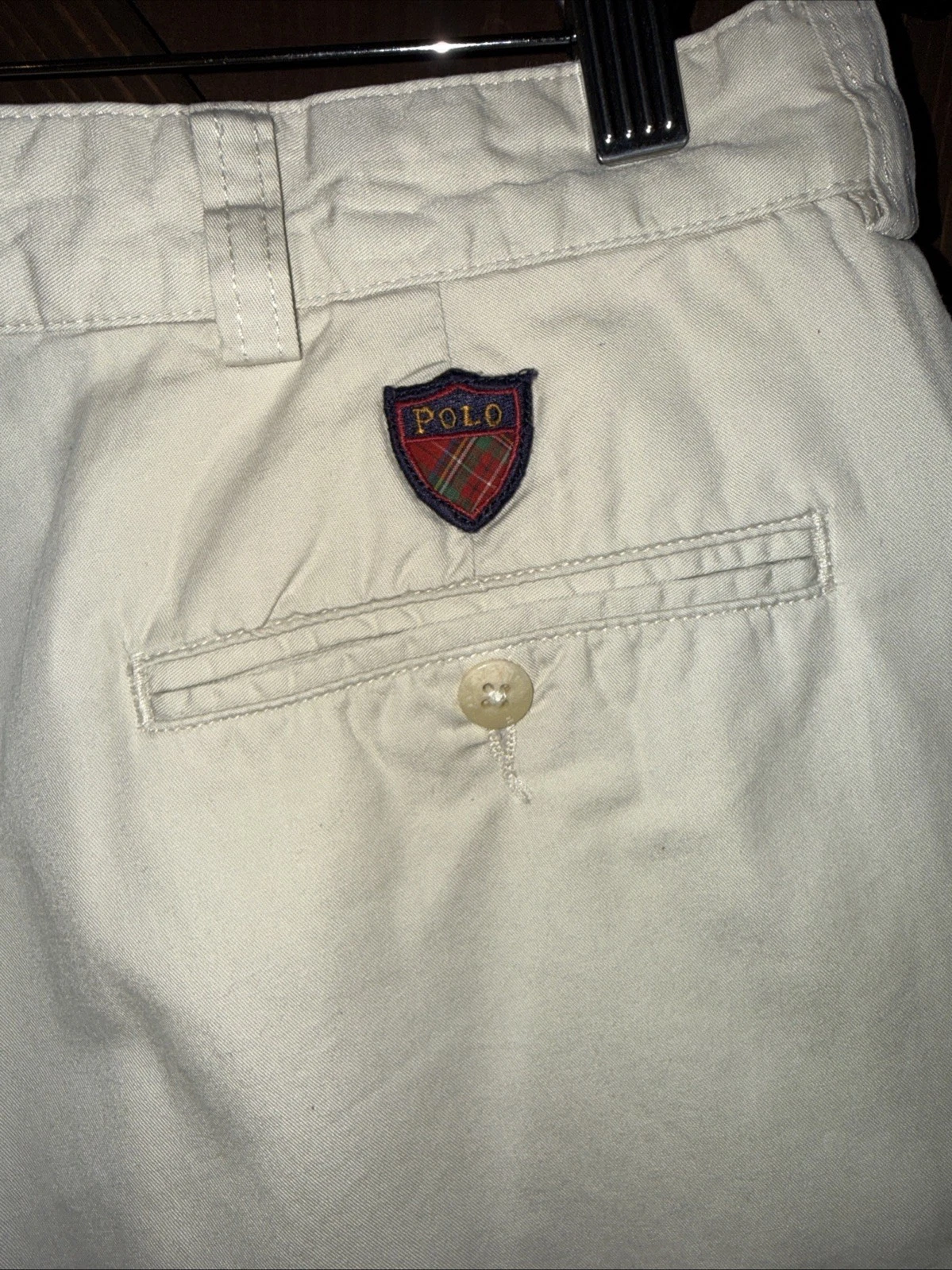VTG Polo Ralph Lauren Golf Light Khaki Chino Crest Patch Pleated Mens 34 Shorts