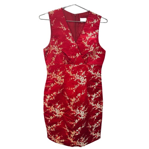 Moda INTL Red Sleeveless V-Neck Elegant Cherry Blossom Dress Size Small