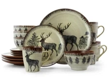 Elama round Stoneware Cabin Dinnerware Dish Set, 16 Piece, Elk Design with Warm