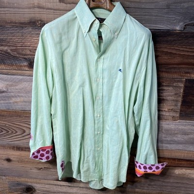 ETRO Milano 100% Linen Button Down Shirt Light Green Italy 44 Multicolored Cuffs