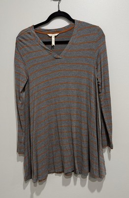 Matilda Jane Womens Gray Orange Striped Long Sleeve Windsong Swing Tunic Top S