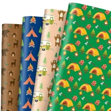8 Sheets Summer Camping Gift Wrap Paper Folded Flat Tent Bear Tree Design
